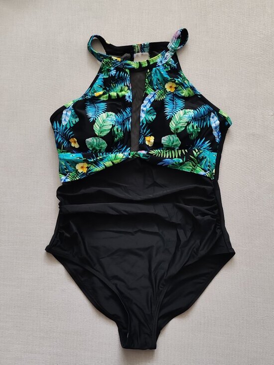 Tropical Other - NWOT Tropical Leaf Print Mesh One-Piece Swimsuit - High Neck Cutout XL Black